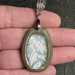 Lion Carved Mother of Pearl Green Jasper Pendant